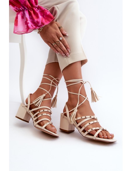 Lace-up Sandals With Low Heels Adorned With Studs Beige Chrisele