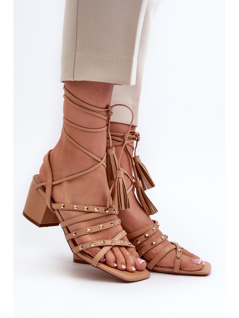 Lace-up sandals with low heels embellished with studs Camel Chrisele