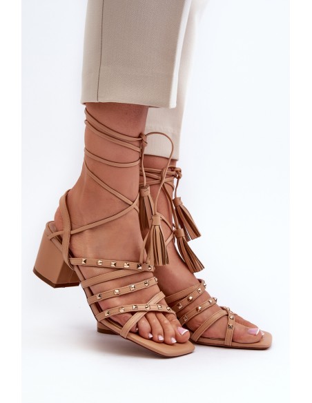 Lace-up sandals with low heels embellished with studs Camel Chrisele