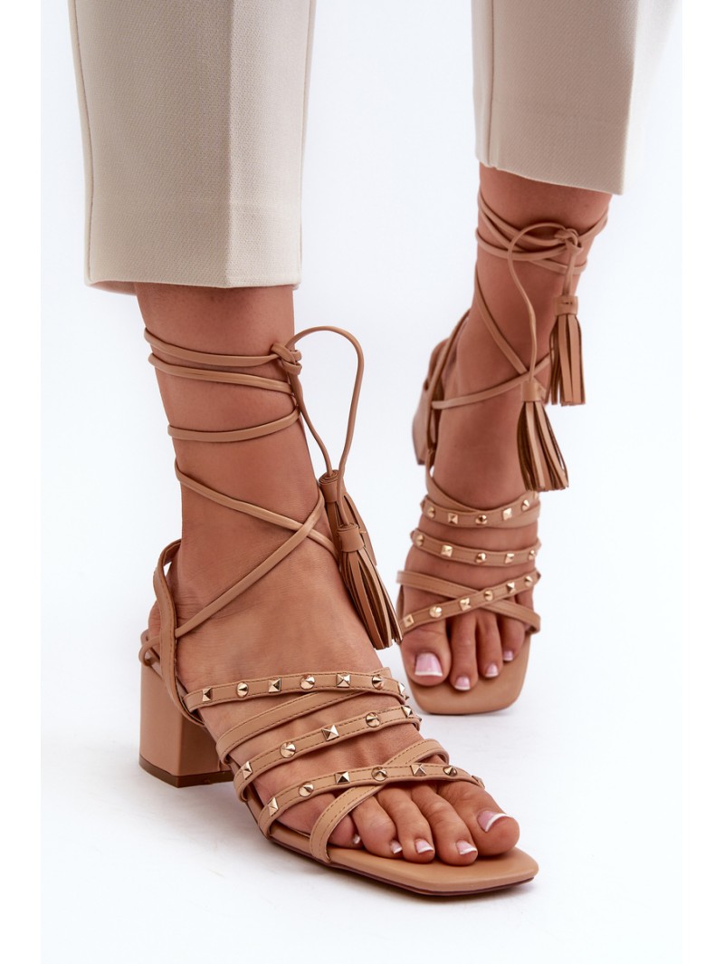 Lace-up sandals with low heels embellished with studs Camel Chrisele