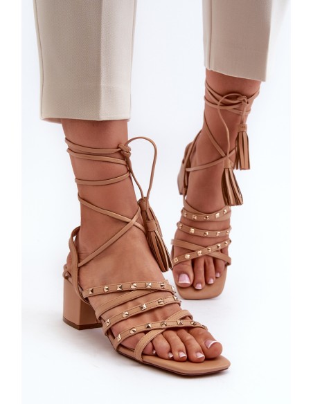 Lace-up sandals with low heels embellished with studs Camel Chrisele