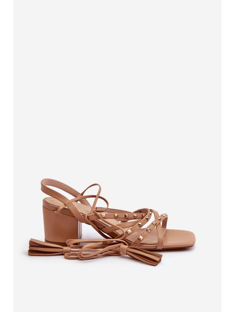 Lace-up sandals with low heels embellished with studs Camel Chrisele
