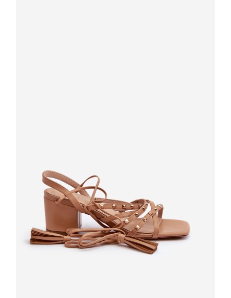 Lace-up sandals with low heels embellished with studs Camel Chrisele