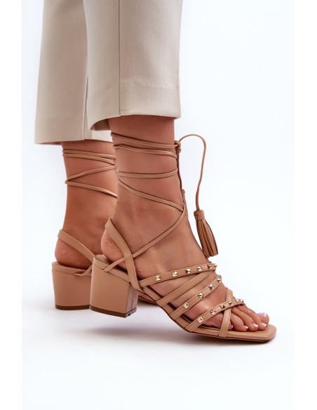 Lace-up sandals with low heels embellished with studs Camel Chrisele
