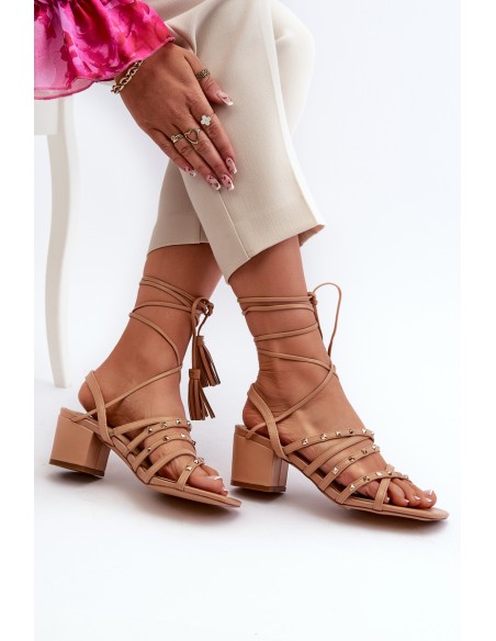 Lace-up sandals with low heels embellished with studs Camel Chrisele