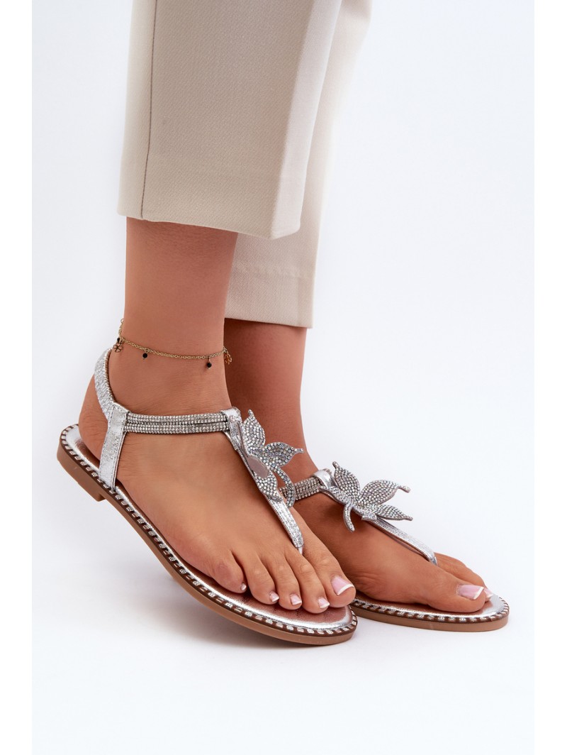 Women's Flat Sandals With Decorative Flower Silver Edoni