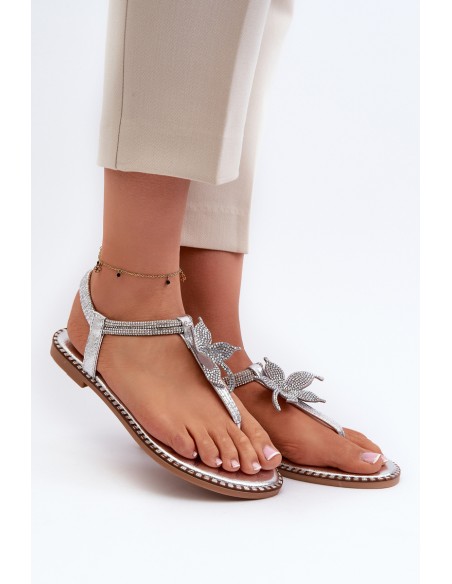 Women's Flat Sandals With Decorative Flower Silver Edoni