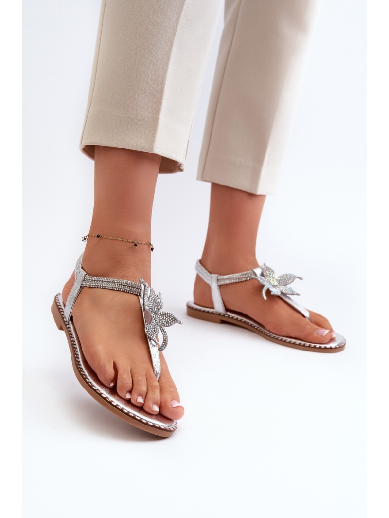 Women's Flat Sandals With Decorative Flower Silver Edoni