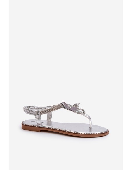Women's Flat Sandals With Decorative Flower Silver Edoni