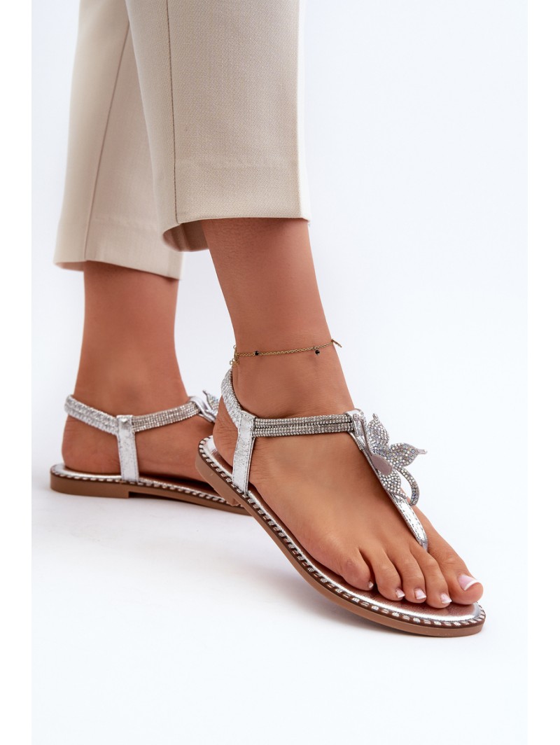 Women's Flat Sandals With Decorative Flower Silver Edoni