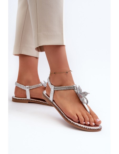 Women's Flat Sandals With Decorative Flower Silver Edoni