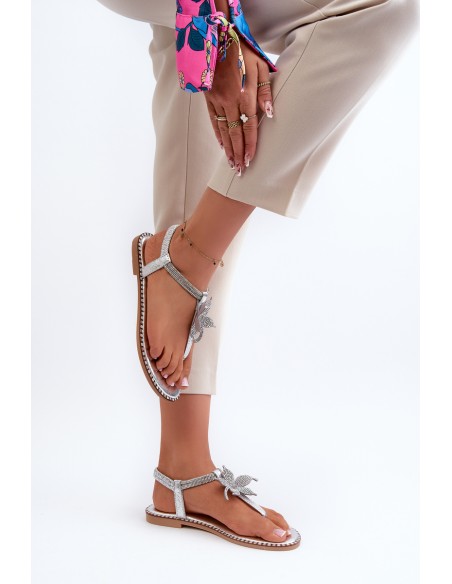 Women's Flat Sandals With Decorative Flower Silver Edoni