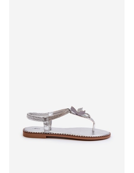 Women's Flat Sandals With Decorative Flower Silver Edoni