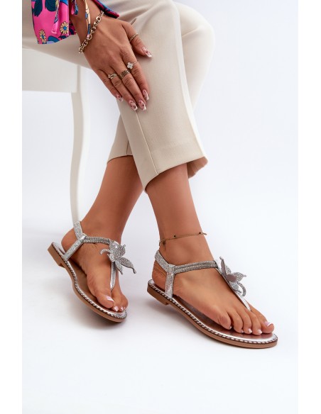 Women's Flat Sandals With Decorative Flower Silver Edoni