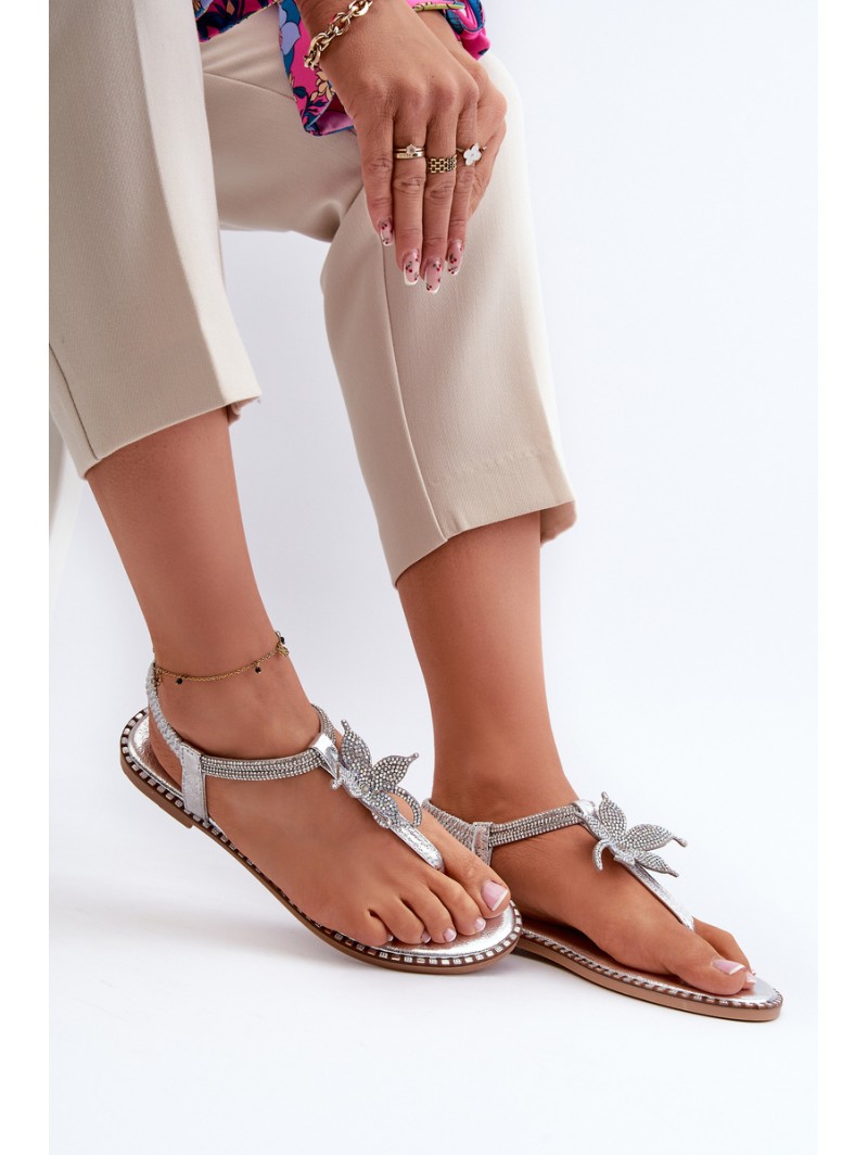 Women's Flat Sandals With Decorative Flower Silver Edoni