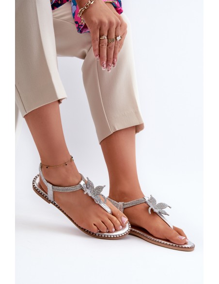Women's Flat Sandals With Decorative Flower Silver Edoni