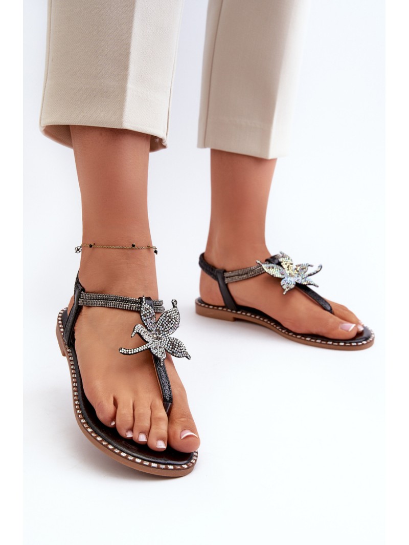 Women's Flat Sandals With Decorative Flower Silver Edoni