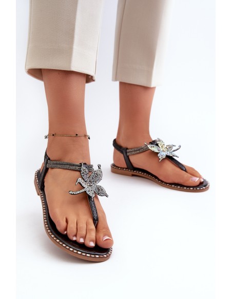 Women's Flat Sandals With Decorative Flower Silver Edoni