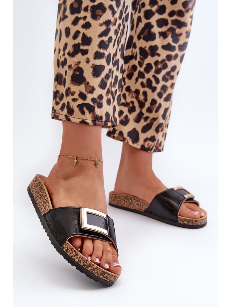 Women's Black Slide Sandals on Cork Platform with Embellishment Elleriome