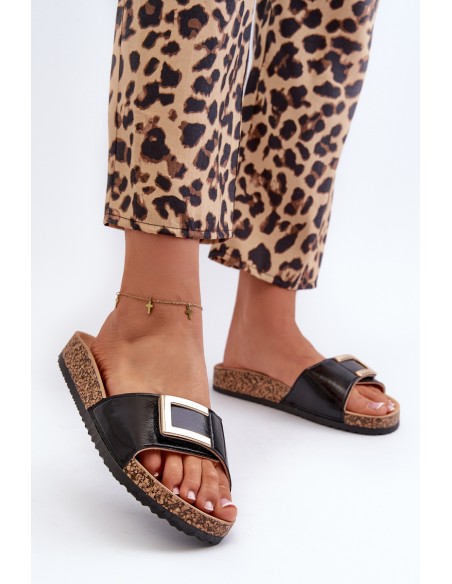 Women's Black Slide Sandals on Cork Platform with Embellishment Elleriome