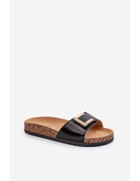 Women's Black Slide Sandals on Cork Platform with Embellishment Elleriome
