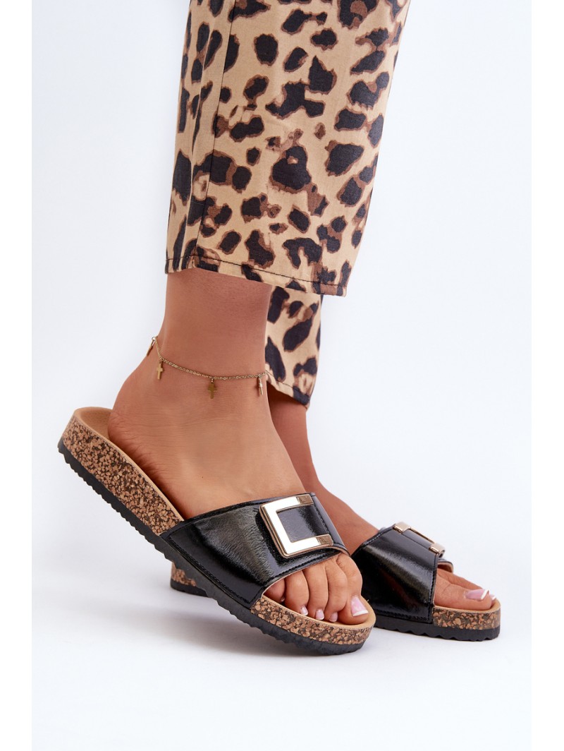 Women's Black Slide Sandals on Cork Platform with Embellishment Elleriome