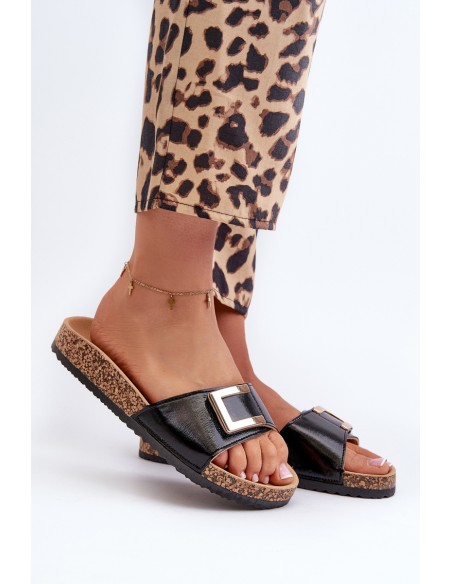 Women's Black Slide Sandals on Cork Platform with Embellishment Elleriome