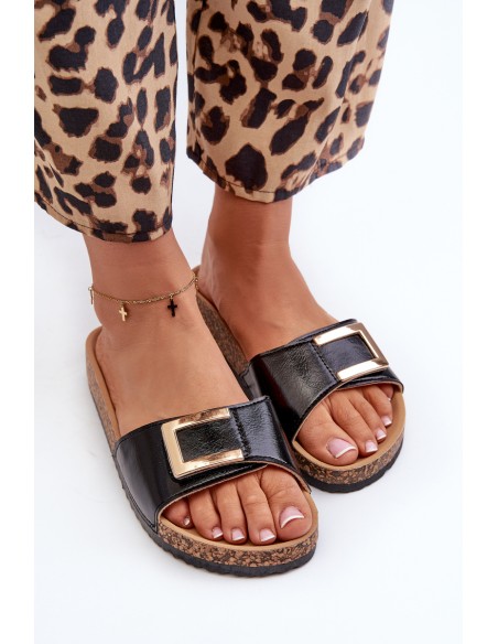 Women's Black Slide Sandals on Cork Platform with Embellishment Elleriome