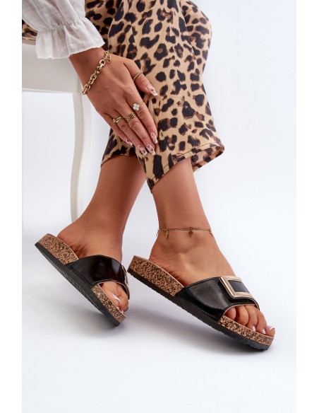 Women's Black Slide Sandals on Cork Platform with Embellishment Elleriome