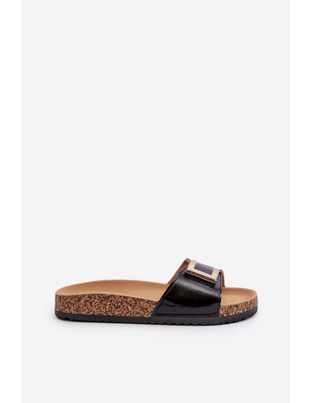 Women's Black Slide Sandals on Cork Platform with Embellishment Elleriome