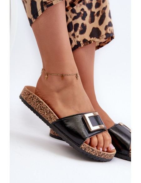 Women's Black Slide Sandals on Cork Platform with Embellishment Elleriome