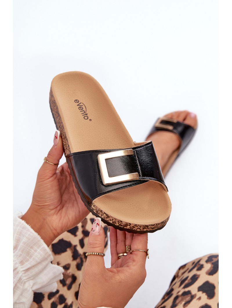 Women's Black Slide Sandals on Cork Platform with Embellishment Elleriome