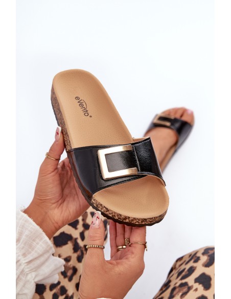 Women's Black Slide Sandals on Cork Platform with Embellishment Elleriome
