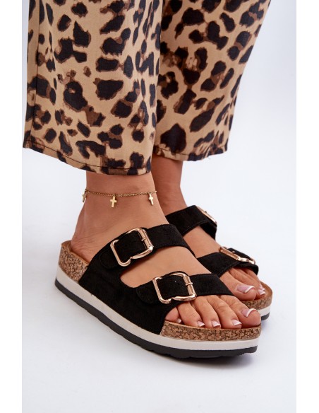 Women's Platform Sandals with Buckles Faux Suede Black Ursila