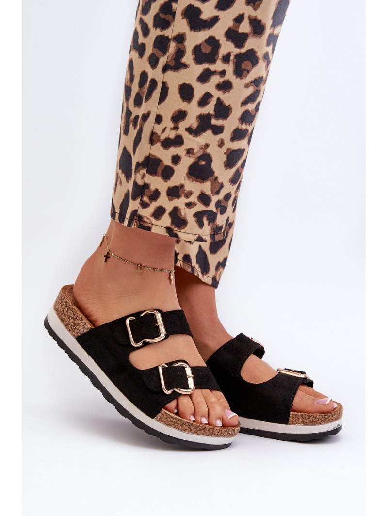 Women's Platform Sandals with Buckles Faux Suede Black Ursila