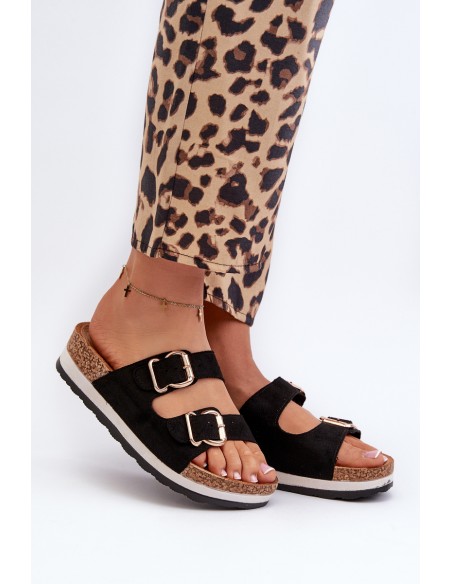 Women's Platform Sandals with Buckles Faux Suede Black Ursila