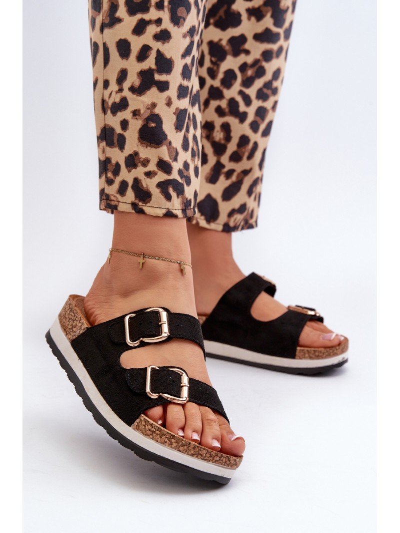 Women's Platform Sandals with Buckles Faux Suede Black Ursila