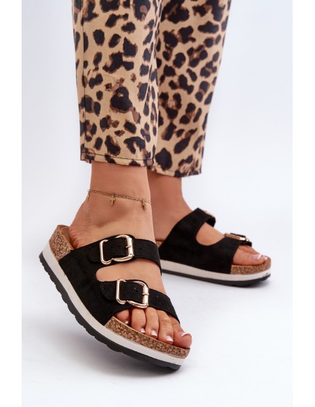 Women's Platform Sandals with Buckles Faux Suede Black Ursila