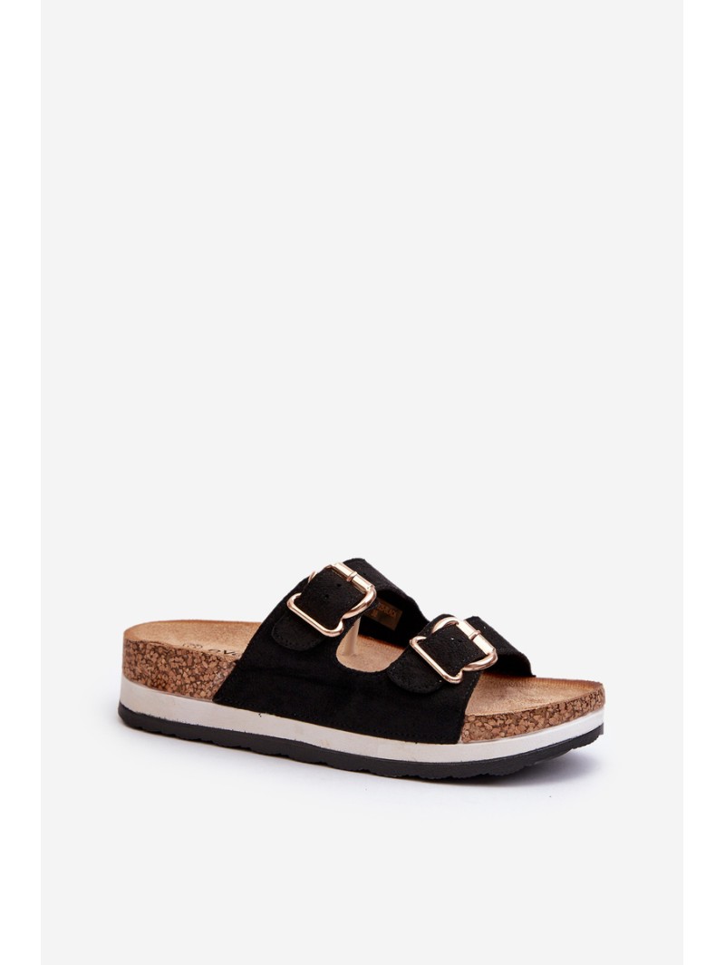 Women's Platform Sandals with Buckles Faux Suede Black Ursila