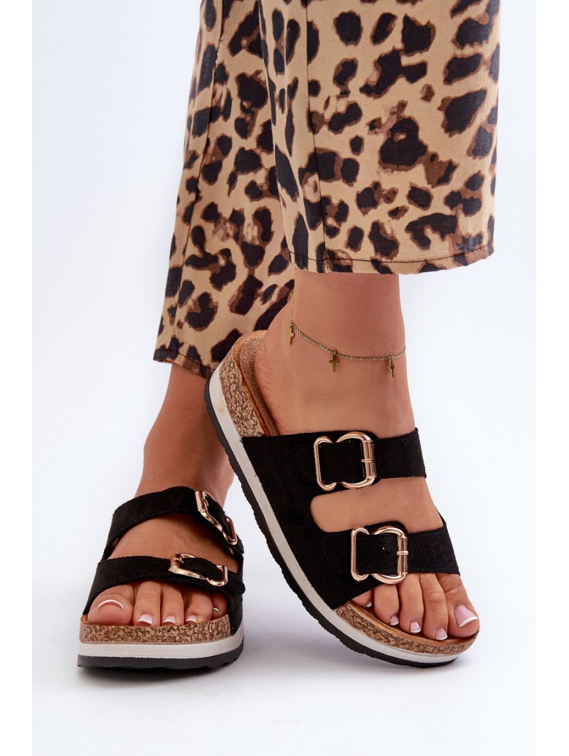 Women's Platform Sandals with Buckles Faux Suede Black Ursila