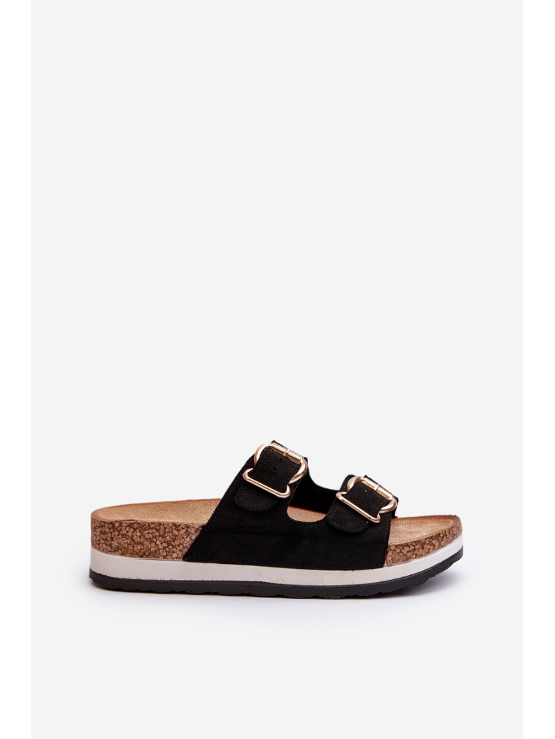 Women's Platform Sandals with Buckles Faux Suede Black Ursila