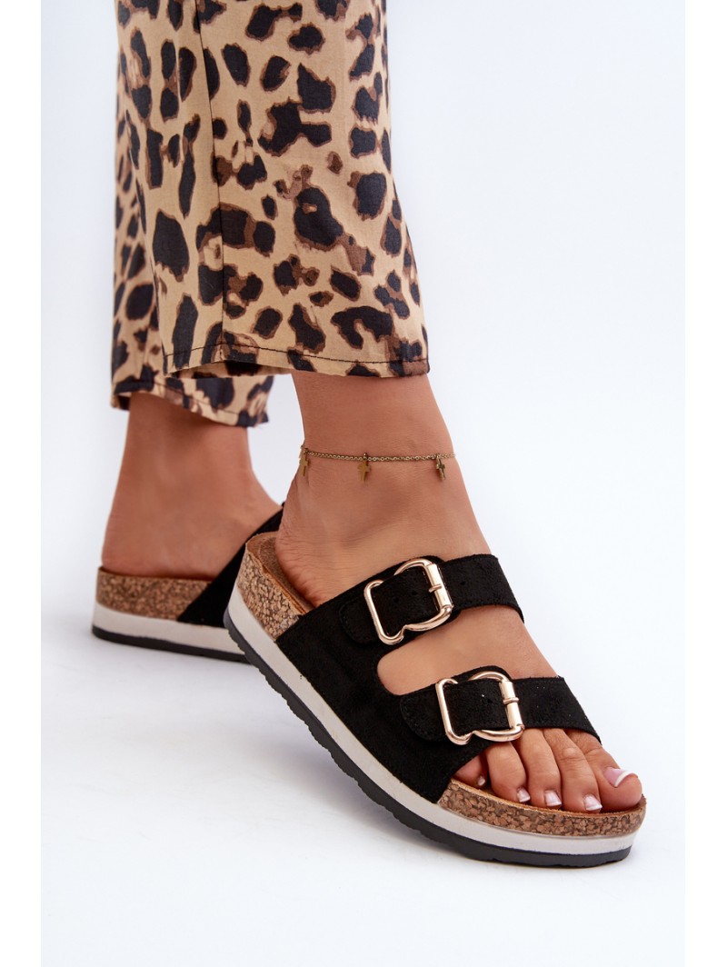 Women's Platform Sandals with Buckles Faux Suede Black Ursila
