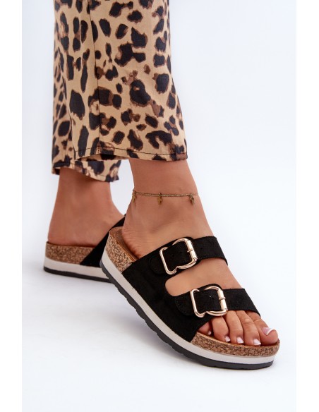 Women's Platform Sandals with Buckles Faux Suede Black Ursila