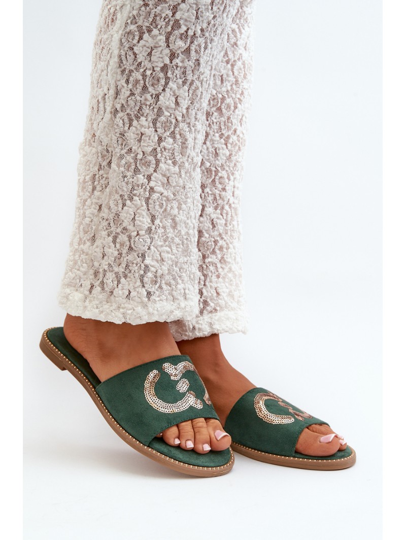 Women's Flat Flip Flops With Sequins S.Barski KV27-052 Green