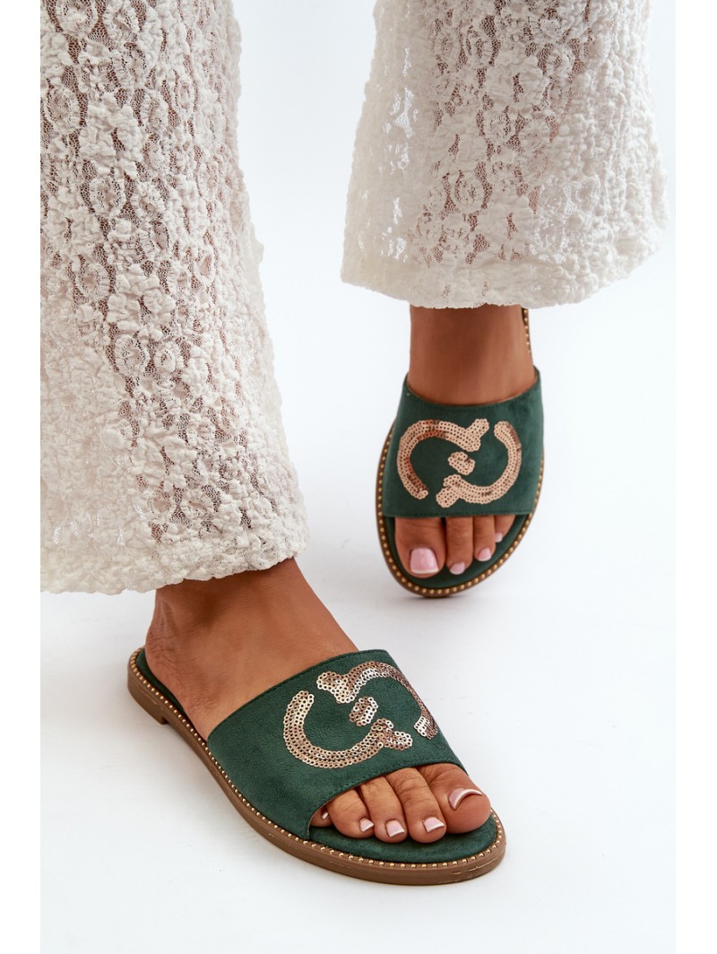 Women's Flat Flip Flops With Sequins S.Barski KV27-052 Green