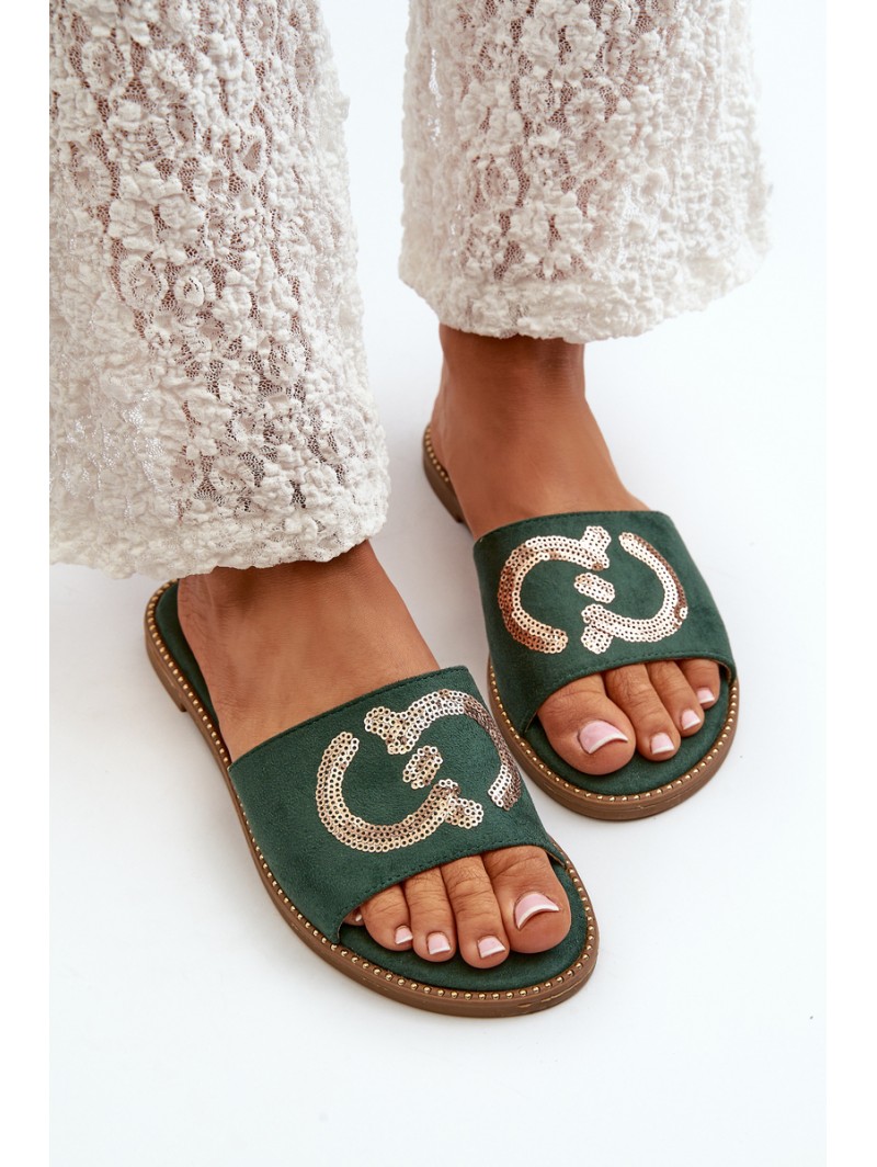 Women's Flat Flip Flops With Sequins S.Barski KV27-052 Green
