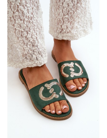 Women's Flat Flip Flops With Sequins S.Barski KV27-052 Green