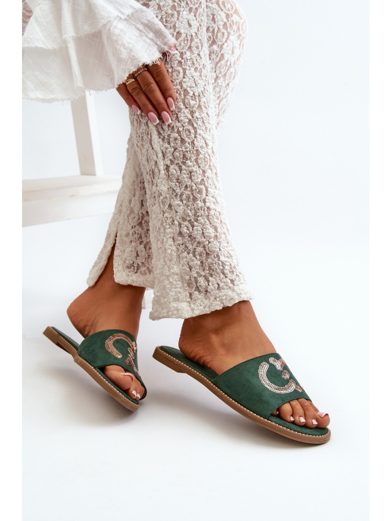 Women's Flat Flip Flops With Sequins S.Barski KV27-052 Green