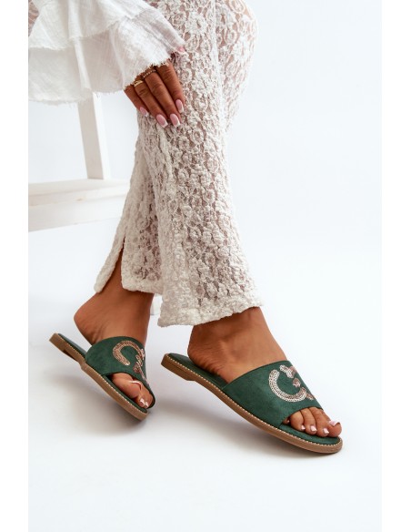 Women's Flat Flip Flops With Sequins S.Barski KV27-052 Green