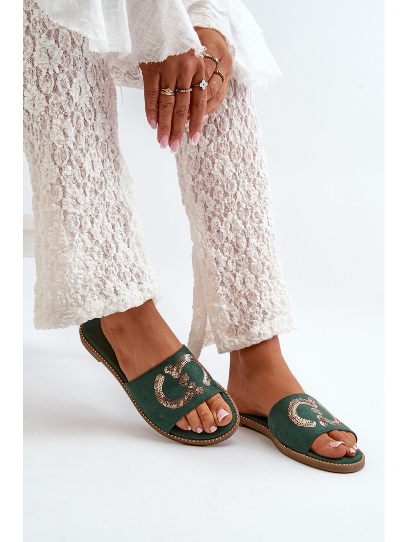 Women's Flat Flip Flops With Sequins S.Barski KV27-052 Green